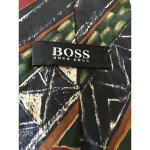 Boss Hugo Boss Black Brown Green Zigzags Triangle Stripes Italian Mens Silk Tie